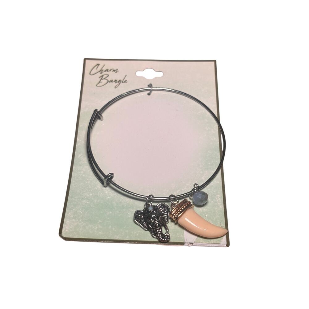 Charm Bangle Bracelet Elephant Tusk Charm Blue Stone Adjustable‎